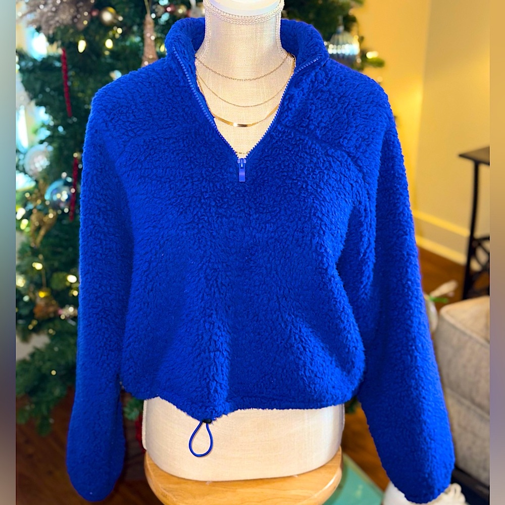 🍒BOGO50%🍒 🆕💙ZENANA: ROYAL BLUE Soft Sherpa Drawstring Half Zip Pullover LARGE